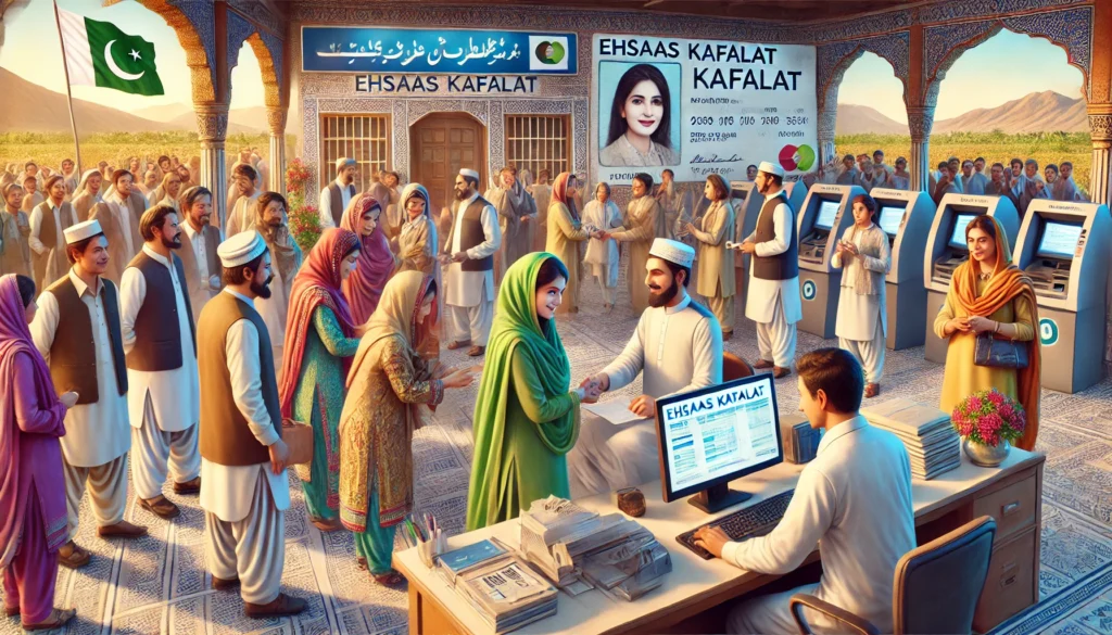 A visual representation of the Ehsaas Kafalat Program in Pakistan, featuring a diverse group of people (including women) receiving financial assistanc.