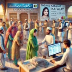 A visual representation of the Ehsaas Kafalat Program in Pakistan, featuring a diverse group of people (including women) receiving financial assistanc.