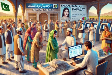 A visual representation of the Ehsaas Kafalat Program in Pakistan, featuring a diverse group of people (including women) receiving financial assistanc.